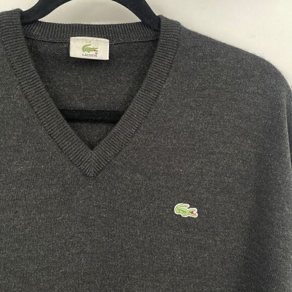 Lacoste Charcoal Gray Laine Wool Blend Knit V-Neck Pullover Sweater Size 7 - Picture 2 of 8